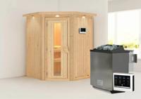 Karibu | Larin Sauna met Dakkraag | Energiesparende Deur | Biokachel 9 kW Externe Bediening
