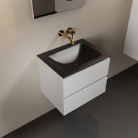 MONDIAZ AIVY 60cm badmeubel Talc, wastafel Urban solid surface midden zonder kraangat met spiegel (AI-351111URBAN-NO - AI-M60TAMI - AI-S60X70)