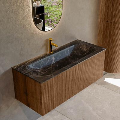 Mondiaz KURVE-DLUX 110 cm Onderkast Greeploos 1 Lade Zonder Deuren Walnut, Wastafel Solid Surface Volledig Lava 1 Kraangat Zonder Spiegel (KRVBGM1101L0D1KM-Wal/Lav)