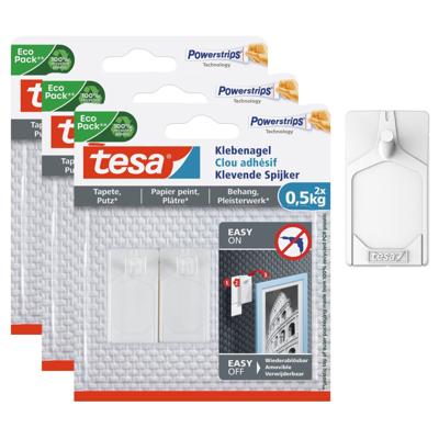 Tesa zelfklevende spijkers - 6x st - wit - draagkracht 0,5 kg - voor gevoelige oppervlakken