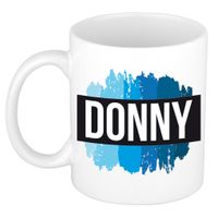 Naam cadeau mok / beker Donny met blauwe verfstrepen 300 ml   -