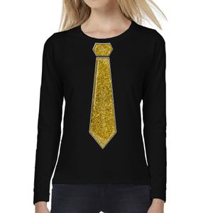 Verkleed shirt voor dames - stropdas goud - zwart - carnaval - foute party - longsleeve