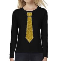 Verkleed shirt voor dames - stropdas goud - zwart - carnaval - foute party - longsleeve - thumbnail