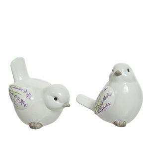 Set van 2x stuks decoratie dieren beelden vogels wit met lavendel bloemen 9 cm