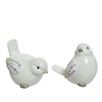 Set van 2x stuks decoratie dieren beelden vogels wit met lavendel bloemen 9 cm - thumbnail