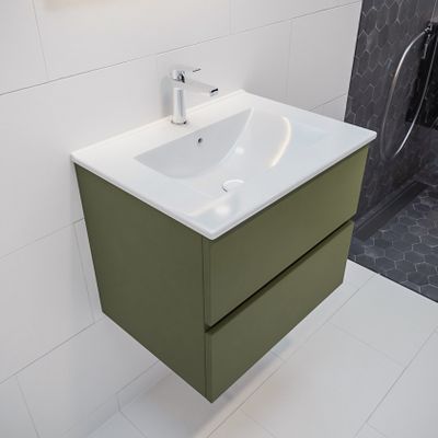 Mondiaz Vica Denia badmeubel groen mat 60 cm 2 lades keramiek enkele spoelbak midden 1 kraangat