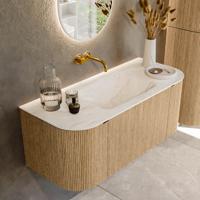 Badmeubel Mondiaz Kurve-Dlux | 110 cm | Meubelkleur Oak | Wastafelkleur Ostra | Solid surface | Midden spoelbak | Zonder kraangat(en)