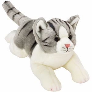 Pluche poes/kat knuffel liggend grijs/wit 33 cm