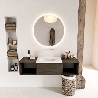 MONDIAZ BUKLA 140cm badmeubel met open module 40 L+R kleur Dark Brown met 2 lades. Wastafel CLOUD midden 0 kraangaten kleur Talc.