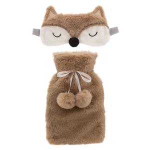 Superzachte fluffy vos warmwaterkruik en slaapmasker cadeau set bruin