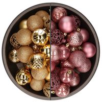 74x stuks kunststof kerstballen mix van goud en oudroze 6 cm - Kerstbal - thumbnail