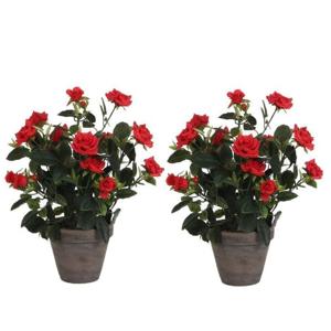 Mica Decorations Kunstplant - 2x - rozen - rood - in grijze pot - 33 cm