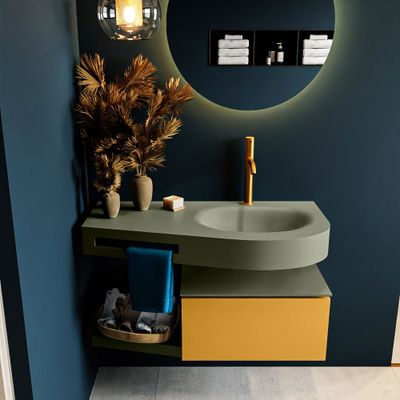 MONDIAZ RIVA 100cm badmeubel onderkast / planchet kleur Ocher met 1 lade. Wastafel DULCET rechts 1 kraangat kleur Army.