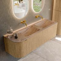 Badmeubel Mondiaz Kurve-Dlux | 145 cm | Meubelkleur Oak | Wastafelkleur Arena | Solid surface | Dubbel / Rechts spoelbak | Zonder kraangat(en)