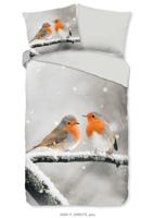 Good Morning Dekbedovertrek "roodborst vogels in de sneeuw" - Grijs - (140x200/220 cm) - Katoen Flanel
