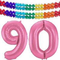 Folat Verjaardag Leeftijd folieballon - 90 jaar - roze - 86 cm - incl 2x slingers