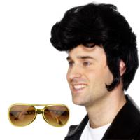 Rock and Roll ster Elvis verkleed set - herenpruik zwart met kuif - en bril goud montuur