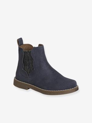 Leren meisjeslaarzen met schulprandjes marineblauw