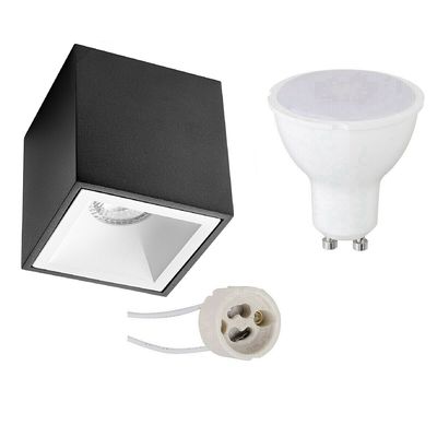 Opbouwspot Set - Pragmi Cliron Pro - GU10 Fitting - Dimbaar - Opbouw Vierkant - Mat Zwart/Wit - 6W - Natuurlijk Wit 4200K - Verdiept - 90mm