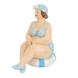 Home decoratie beeldje dikke dame zittend - blauw badpak - 11 cm   -