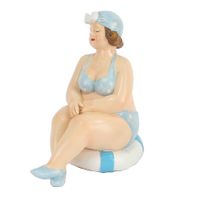 Home decoratie beeldje dikke dame zittend - blauw badpak - 11 cm   -