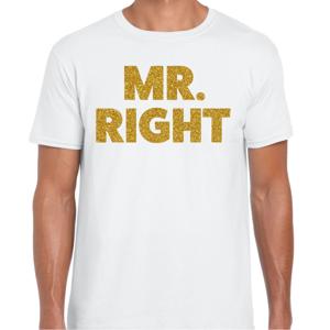 Foute party t-shirt voor heren - mister right - wit - glitter goud - carnaval/themafeest