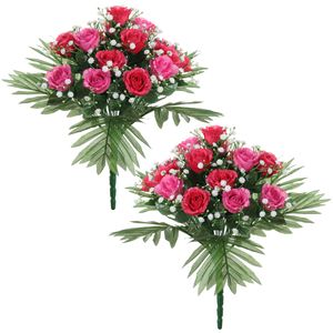 Kunstbloemen boeket rozen/gipskruid - 2x stuks - roze/cerise - H36 cm - Bloemstuk - Bladgroen