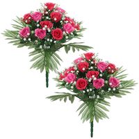 Kunstbloemen boeket rozen/gipskruid - 2x stuks - roze/cerise - H36 cm - Bloemstuk - Bladgroen - thumbnail