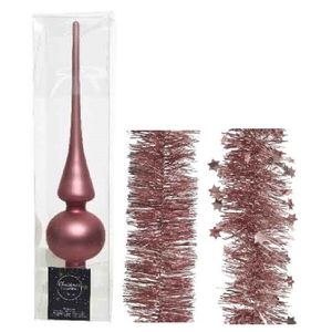 Kerstversiering glazen piek mat 26 cm en folieslingers pakket oud roze van 3x stuks