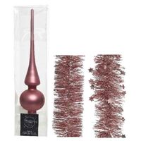 Kerstversiering glazen piek mat 26 cm en folieslingers pakket oud roze van 3x stuks - thumbnail