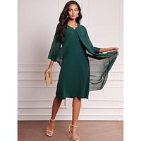 Dames Jurk Set Chiffon Meerlaags Strakke ronde hals 3/4 mouw Halflange jurk Bruiloft gast Cocktailparty Elegant Smaragdgroen Zomer Lightinthebox - thumbnail