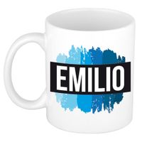 Naam cadeau mok / beker Emilio met blauwe verfstrepen 300 ml   - - thumbnail