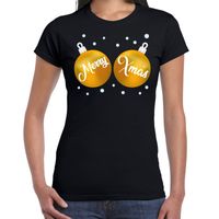 Fout kerst t-shirt zwart met gouden merry Xmas ballen voor dames