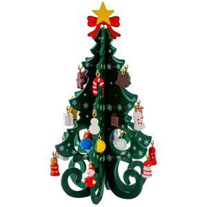 Mini kerstboompje - groen - met hangers - H19 cm - hout - kinderkamer