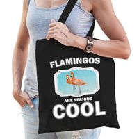 Katoenen tasje flamingos are serious cool zwart - flamingo vogels/ flamingo cadeau tas   - - thumbnail