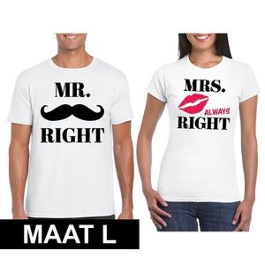 Mr. Right & Mrs. Always Right koppel t-shirts wit maat L