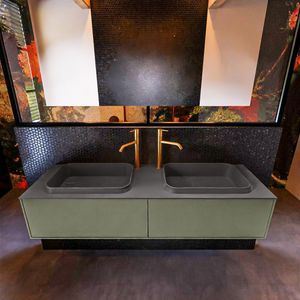 Badkamermeubelset Mondiaz Erin 150 cm met 2 Lades met RIDGE Wastafel Dubbel Dark grey met 2 kraangaten Greeploos Mat Army
