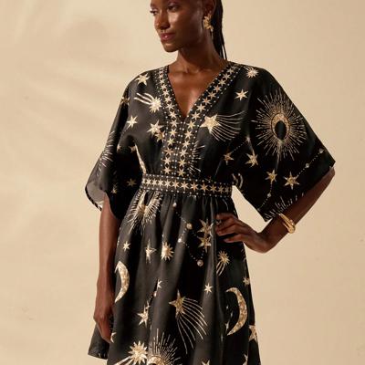 Bon&Bon Women's Boho Galaxy Print V-Neck Batwing Sleeve Short Beach Dress XS