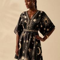 Bon&Bon Women's Boho Galaxy Print V-Neck Batwing Sleeve Short Beach Dress XS