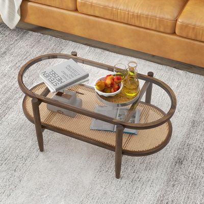 Salontafel met 2 Niveaus Middentafel van PE-Rotan met Blad van Gehard Glas Woonkamertafel voor Thuis Kantoor