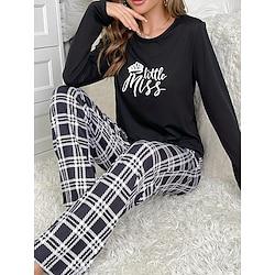 Dames Pyjama Sets Raster / Plaid Brief Modieus Comfortabel Huis Dagelijks Bed Polyester Ademend Strakke ronde hals Lange mouw T-shirt Pantalon Elastische taille Herfst Winter Zwart Lightinthebox