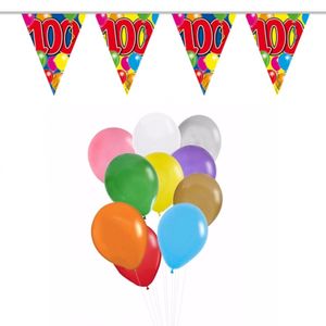 Verjaardag 100 jaar feest thema set 50x ballonnen en 2x leeftijd print vlaggenlijnen