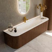 Badmeubel Mondiaz Kurve-Dlux | 160 cm | Meubelkleur Walnut | Wastafelkleur Ostra | Solid surface | Midden spoelbak | 1 kraangat