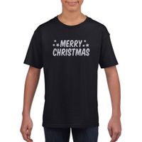 Merry Christmas Kerst t-shirt zwart voor kinderen met zilveren glitter bedrukking - thumbnail