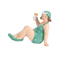 Home decoratie beeldje dikke dame zittend - groen badpak - 17 cm   -