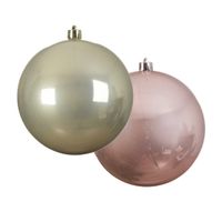 Grote decoratie kerstballen - 2x st - 14 cm - champagne en lichtroze - kunststof - thumbnail