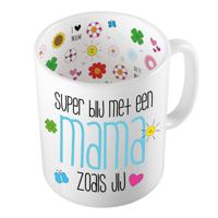 Cadeau koffie/thee mok voor mama - blauw - super blij met mama - keramiek - 300 ml - Moederdag   - - thumbnail