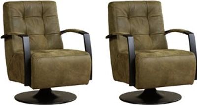 Set van 2 Olijfgroene leren industriële draaifauteuils Mind - staal zwart frame met schotelvoet - Kenia Leer Olive (olijfgroen leer)