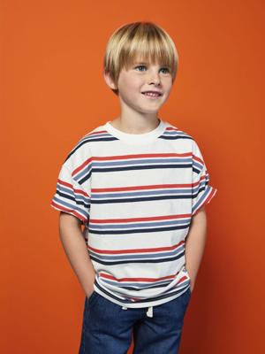 T-shirt met korte mouwen en strepen voor jongens HAPPY LA wit, gestreept
