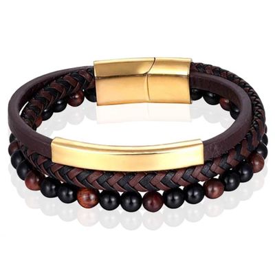 Heren armband Memphis Tijgeroog kraal gevlochten leer Goudkleurig Bruin - 21cm